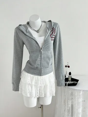 Women Cropped Zip Up Hoodie Long Sleeve Grey Letter Print Drawstring Hooded Sweatshirt Casual Urban Streetwear Fall Tops