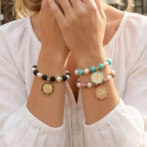Bohemian Gold Plated Copper Beaded Bracelet For Women Shell Artificial Pearl Semi Precious Stone Enamel Snake Pendant Zirconia Jewelry