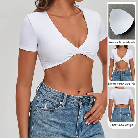 Women Yoga T-Shirt Nylon Spandex Twist Knot V-Neck Crop Top Athletic Slim Fit Quick Dry Short Sleeve Fitness Workout Top