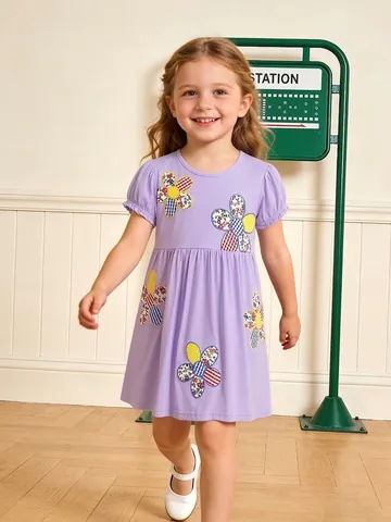 Girls Summer Lavender Cotton Short Sleeve Princess Dress Patchwork Flower Embroidery Cute Kids Party A-Line Dress