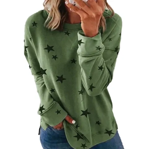 Damen Casual Sterne Druck Langarm Sweatshirt Lose Rundhals Pullover Top Mit Seitenschlitz Frühling Herbst Mode Streetwear
