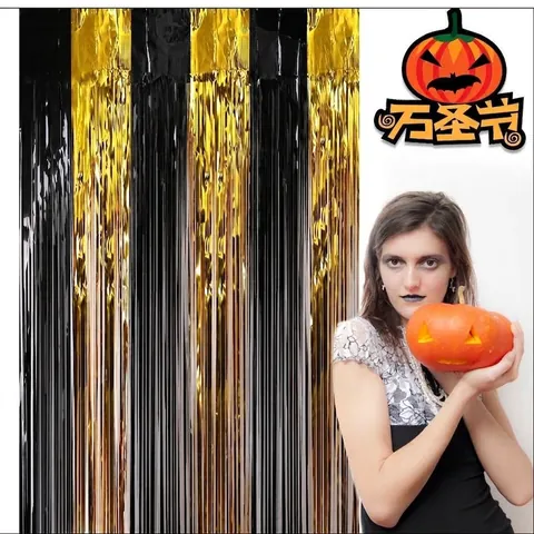 Tenda a Frange in Alluminio per Halloween Metallizzata a Colori Giuntati Sfondo per Feste Tenda in Tinsel per Decorazione Festiva