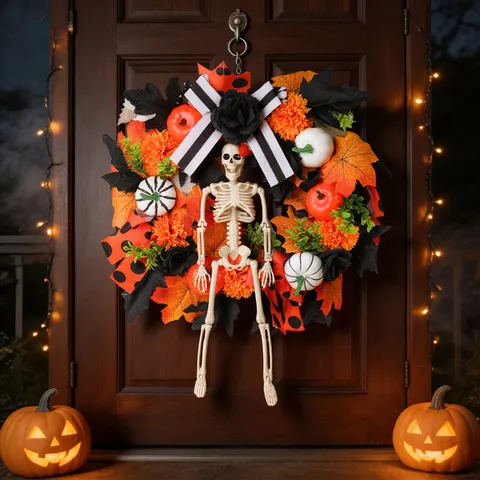 Halloween Wreath Decoration Skeleton Pumpkin Maple Leaf Black Rose Ribbon Bow Wreath For Front Door Wall Party Home Decor