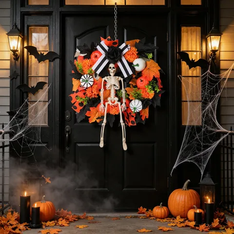 Halloween Wreath Decoration Skeleton Pumpkin Maple Leaf Black Rose Ribbon Bow Wreath For Front Door Wall Party Home Decor