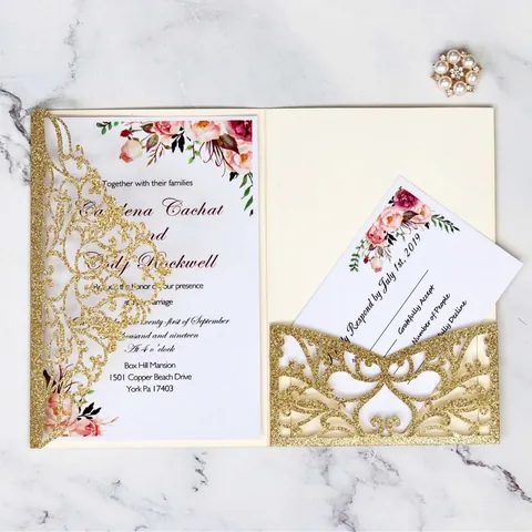 European Style Laser Cut Glitter Paper Wedding Invitations With RSVP Cards And Envelopes For Marriage Banquet Party Decoration