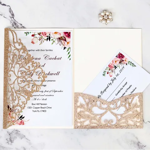 European Style Laser Cut Glitter Paper Wedding Invitations With RSVP Cards And Envelopes For Marriage Banquet Party Decoration