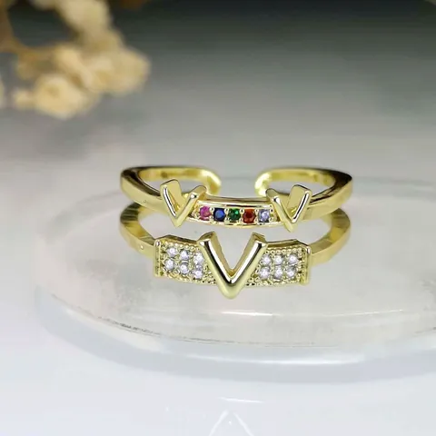 Luxury Gold V Letter Adjustable Ring For Women Micro Pave Rainbow Zirconia Copper Ring Fashion Light Luxury Style Finger Jewelry