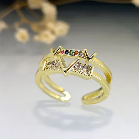 Luxury Gold V Letter Adjustable Ring For Women Micro Pave Rainbow Zirconia Copper Ring Fashion Light Luxury Style Finger Jewelry
