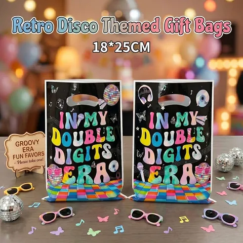 Sacchetti Regalo per 10 Compleanno Disco Retrò Double Digits Era Plastica Multicolor Stampa Lettere Decorazione Festa