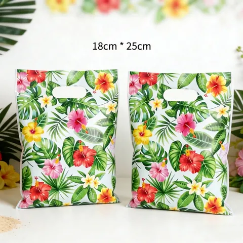 Tropical Floral Party Gift Bags Hawaiian Style Plastic Treat Bags With Handle For Summer Beach Party Favors