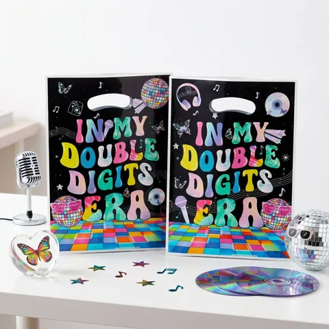 Sacchetti Regalo per 10 Compleanno Disco Retrò Double Digits Era Plastica Multicolor Stampa Lettere Decorazione Festa