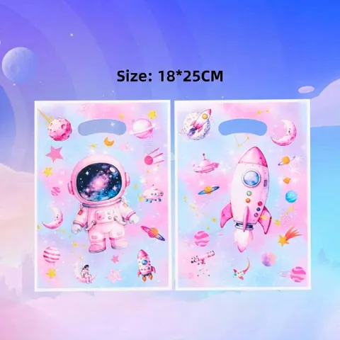 Cartoon Space Astronaut Pearlescent Film Handheld Gift Bags For Kids Birthday Party Starry Sky Printed Plastic Candy Tote Bags