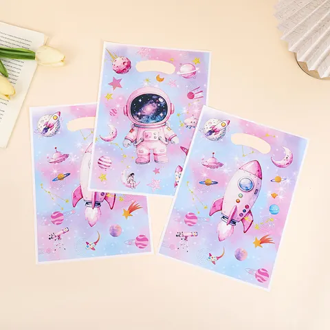 Cartoon Space Astronaut Pearlescent Film Handheld Gift Bags For Kids Birthday Party Starry Sky Printed Plastic Candy Tote Bags