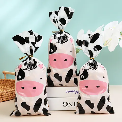 Cartoon Cow Print Plastic Packaging Bag For Candy Cookies Gift Wrap Cute Party Supplies Flat Pocket With Twist Ties