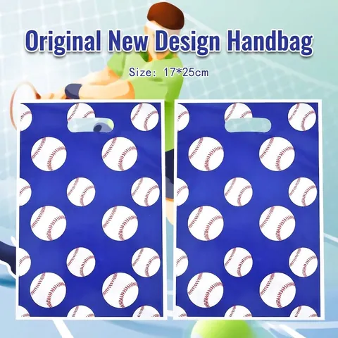 Baseball Print Party Gift Bags Pearlescent Plastic Favor Bags With Die Cut Handle Sports Theme Return Bags For Birthday Party