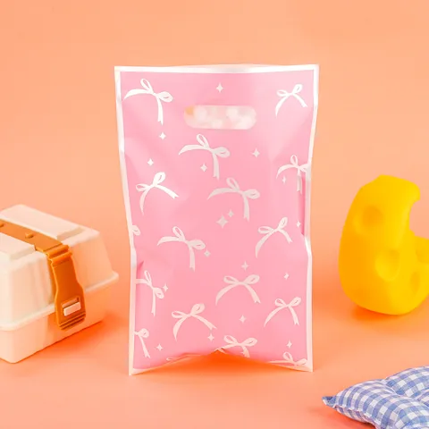 Bow Print Pearlescent Film Gift Bags With Die-cut Handle For Party Candy Cookie Packaging Pink White Bowtie Star Pattern Bags