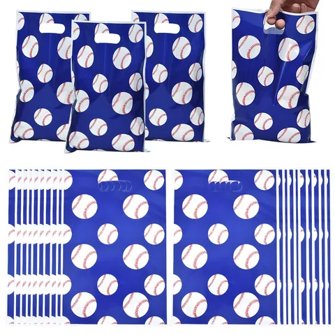 Baseball Print Party Gift Bags Pearlescent Plastic Favor Bags With Die Cut Handle Sports Theme Return Bags For Birthday Party