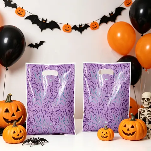 Purple Laser Lightning Pattern Halloween Gift Bags Plastic Tote Handbags Punched Handle Goodie Bags For Festival Party Favors