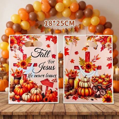 Autumn Harvest Plastic Gift Bags Fall For Jesus He Never Leaves Pumpkin Sunflower Maple Leaf Pattern Thanksgiving Christian Treat Bags