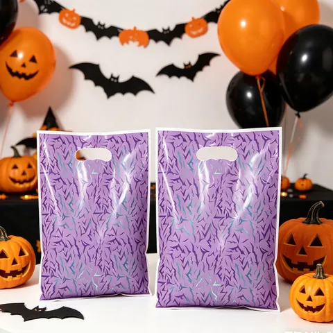 Purple Laser Lightning Pattern Halloween Gift Bags Plastic Tote Handbags Punched Handle Goodie Bags For Festival Party Favors