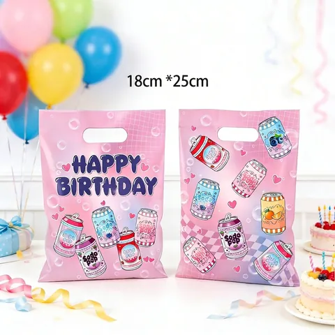 Cartoon Soda Happy Birthday Party Gift Bags For Kids Pink Plastic Candy Bag Birthday Decoration Return Favor Bags