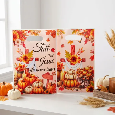 Autumn Harvest Plastic Gift Bags Fall For Jesus He Never Leaves Pumpkin Sunflower Maple Leaf Pattern Thanksgiving Christian Treat Bags