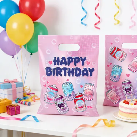 Cartoon Soda Happy Birthday Party Gift Bags For Kids Pink Plastic Candy Bag Birthday Decoration Return Favor Bags
