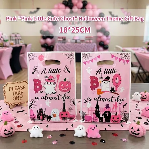Pink Halloween Baby Shower Gift Bags Ghost Pumpkin Castle Print Plastic Party Favor Bags With Handle Cute Treats Packaging