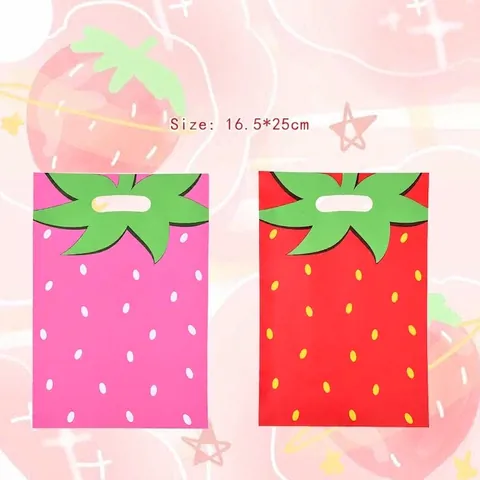 Strawberry Print Plastic Gift Bags With Handles Pearl Film Candy Fruit Packaging Bags For Birthday Party Favor Bags