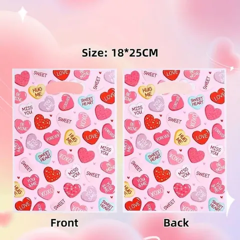Bolsa de Regalo Impresa con Corazón de San Valentín Película Perlada Rosa Caramelo Fiesta Favor Embalaje Bolsa de Mano Con Asa