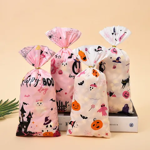 Halloween Candy Bags Ghost Pumpkin Print OPP Gift Bags With Golden Ties For Halloween Party Favors Biscuit Packaging