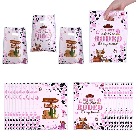 Sacs Cadeaux Fête Rodeo Imprimé Vache Rose Cowboy Occidental en Plastique pour Décorations Anniversaire Enfants