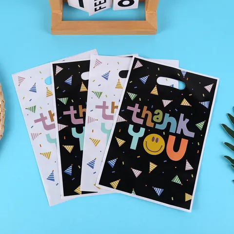 Thank You Smiley Face Gift Bags Thanksgiving Party Favors Candy Food Plastic Handle Packaging Bags Colorful Print Bags