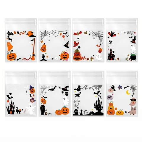 Halloween Muster Selbstklebende Plastiktüten 8-in-1 Set Für Party Süßigkeiten Schmuck Kleine Geschenkverpackung Klare Beutel