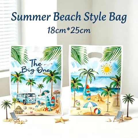 Summer Beach Theme Party Gift Bags Tropical Coconut Tree Retro Bus Print Plastic Favor Bags With Die-Cut Handle Birthday Return Bags For Beach Holiday Supplies