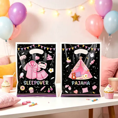 Sacs Cadeaux en Plastique de Fête de Pyjama de Dessin Animé pour Filles Anniversaire Tente Pyjama Motif Sacs à Main Imprimés