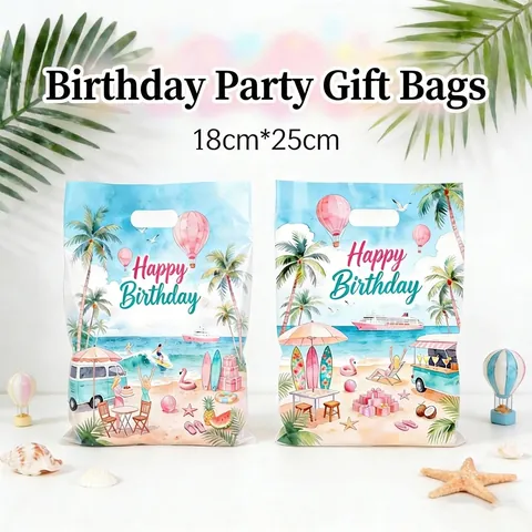 Hawaii Beach Birthday Gift Bags Plastic Party Favor Candy Bags Tropical Theme Happy Birthday Handheld Packaging Bags