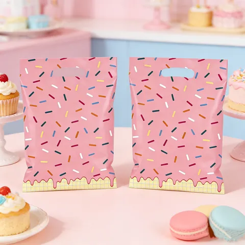 Donut Theme Printed Pink Plastic Gift Bags For Kids Birthday Party Favors Candy Cookie Treat Bags With Die Cut Handle