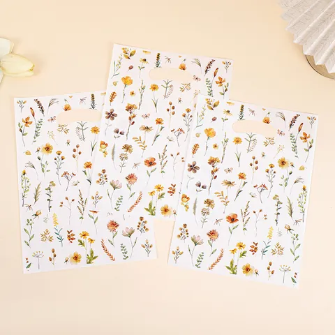 Sacchetti Regalo in Plastica con Stampa di Fiori Selvatici Con Manico Fustellato Borse in Film Perlato per Bomboniere Compleanno Caramelle Confezioni Biscotti
