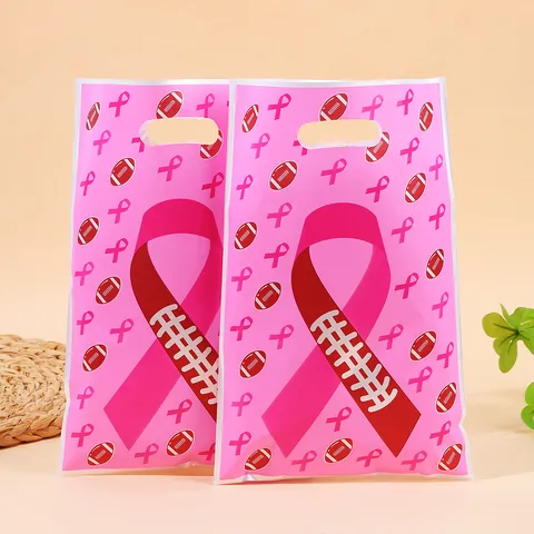 Pink Ribbon American Football Printed Gift Bags Pearlescent Film Handheld Packaging Bags For Party Cookies Candy Favors