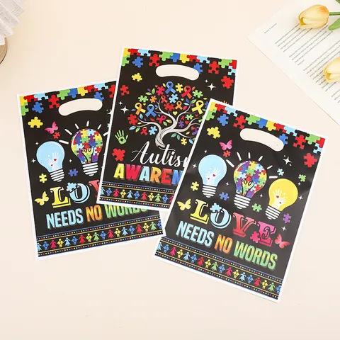 Autism Awareness Puzzle Handle Gift Bags Plastic Double Sided Printed Charity Event Favor Bags For Goodies Party Supplies Tote Bag Packaging