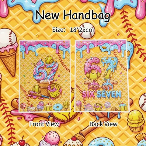 Cartoon Ice Cream Baseball Printed Plastic Gift Bags With Handle Birthday Party Candy Snack Packaging Tote Bags