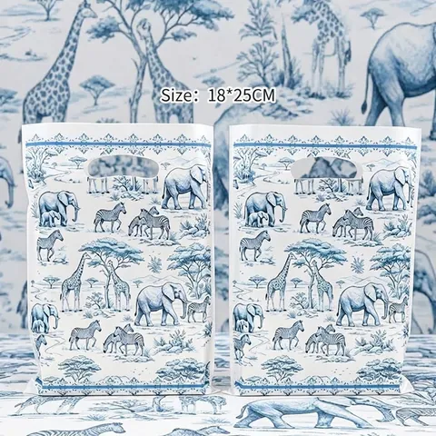 African Savanna Animal Print Plastic Gift Bags With Handle Elephant Zebra Giraffe Printed Party Favor Bags Candy Bags For Wedding Birthday Party Packaging