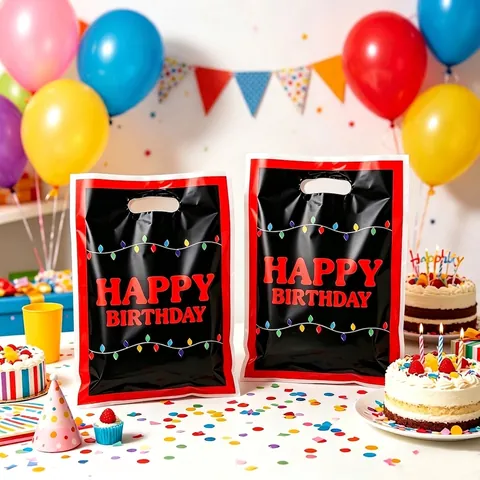 Happy Birthday Plastic Gift Bags Black Red Festive Party Favors Goodie Bags For Candy Treats Snacks Return Handheld Bags