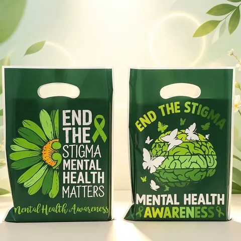 Mental Health Awareness Green Plastic Handle Gift Bags End Stigma Ribbon Butterfly Sunflower Pattern Party Favor Packaging