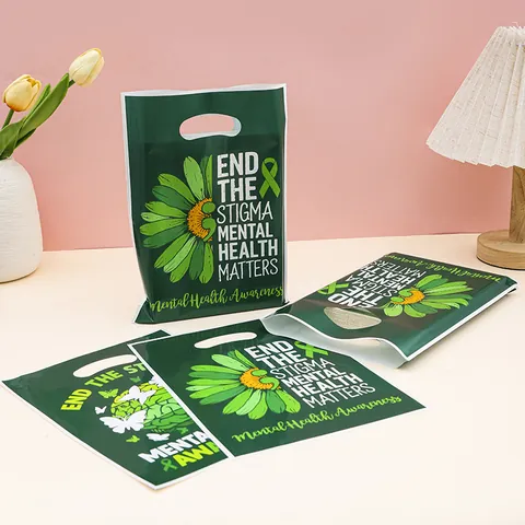 Mental Health Awareness Green Plastic Handle Gift Bags End Stigma Ribbon Butterfly Sunflower Pattern Party Favor Packaging