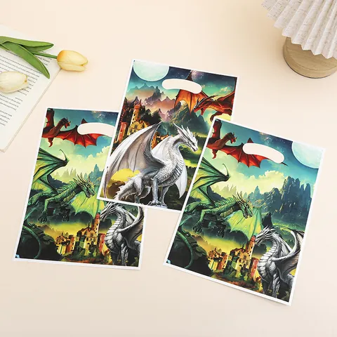 Fantasy Dragon Pattern Plastic Handle Gift Bags For Party Candy Packaging Dinosaur Theme Gift Pouch With Die-Cut Handle