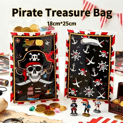 Pirate Theme Birthday Party Gift Bags For Kids Cartoon Plastic Treasure Map Skull Print Handled Candy Bags Return Favor Bag