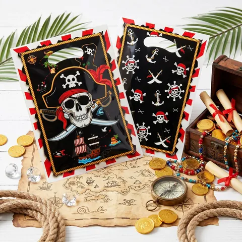 Pirate Theme Birthday Party Gift Bags For Kids Cartoon Plastic Treasure Map Skull Print Handled Candy Bags Return Favor Bag
