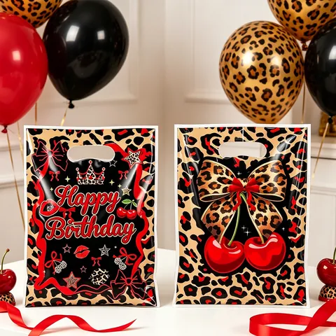 Leopard Print Cherry Birthday Gift Bags Y2K Style Party Favor Bags Plastic Portable Handheld Packaging Bags For Girls Women